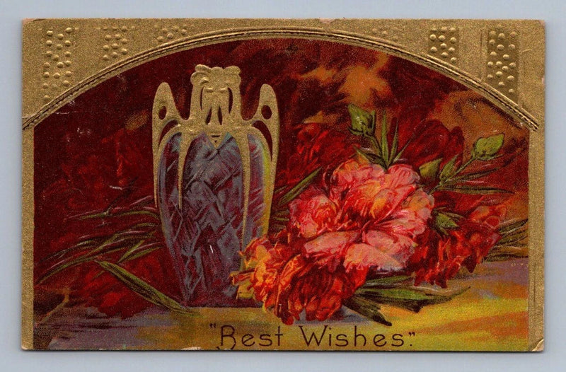 Embossed gold floral arrangement card with red carnations and “Best Wishes” text