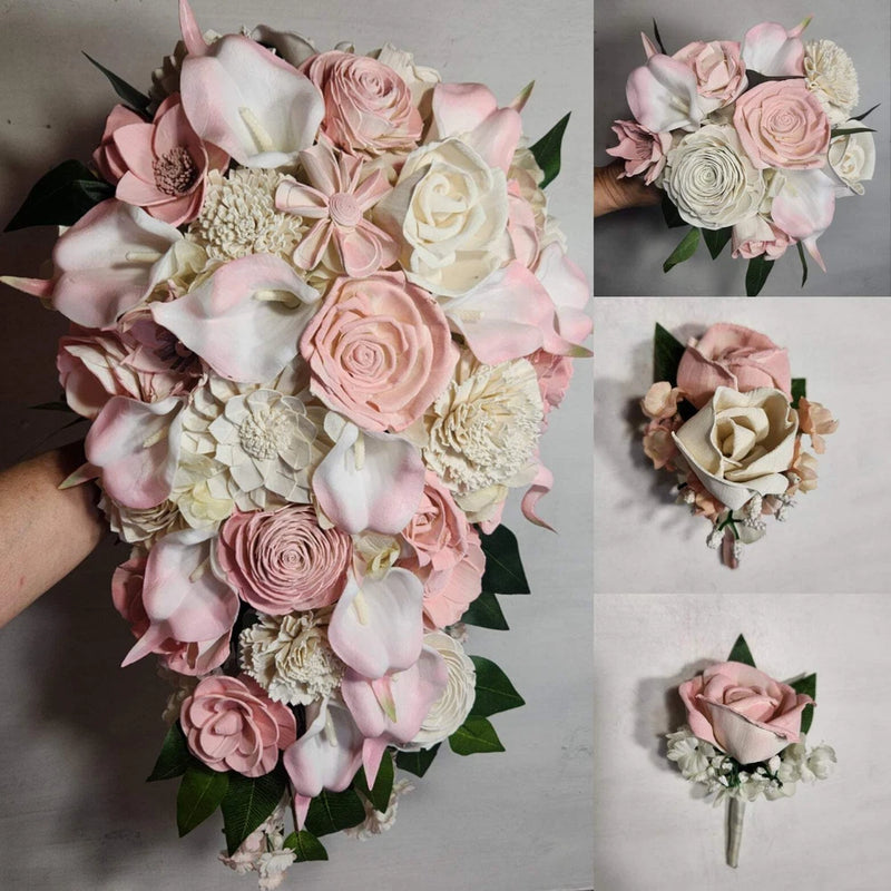 Blush pink and ivory rose and calla lily sola wedding bouquet with greenery