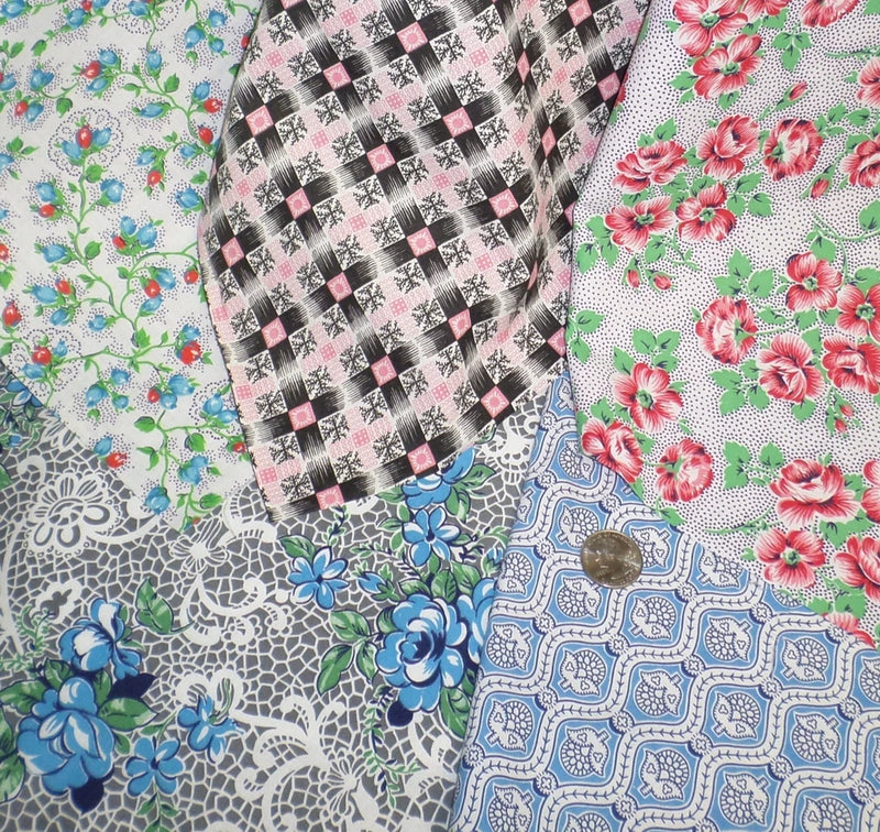Vintage patchwork quilt fabric squares: floral roses and black-white geometric rows