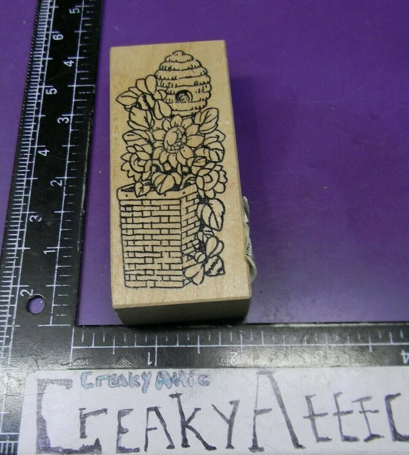 Sunflower rubber stamp block with bee and flower pot line artwork