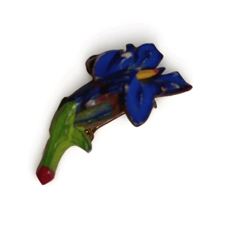 Vintage Hand Painted Carved Celluloid Blue Lily Gentian Flower Brooch Pin Lily