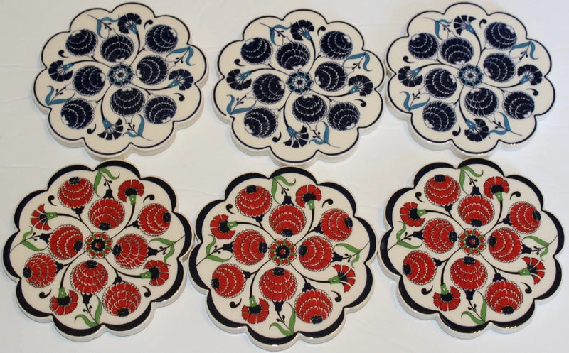 Flower-shaped ceramic coaster set of 6 with blue and red floral Iznik-style pattern