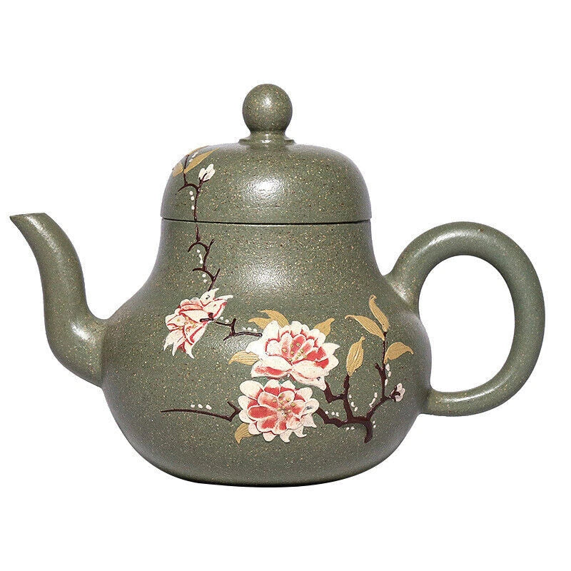 Green speckled ceramic teapot with carved peony flowers and round lid knob, 240ml
