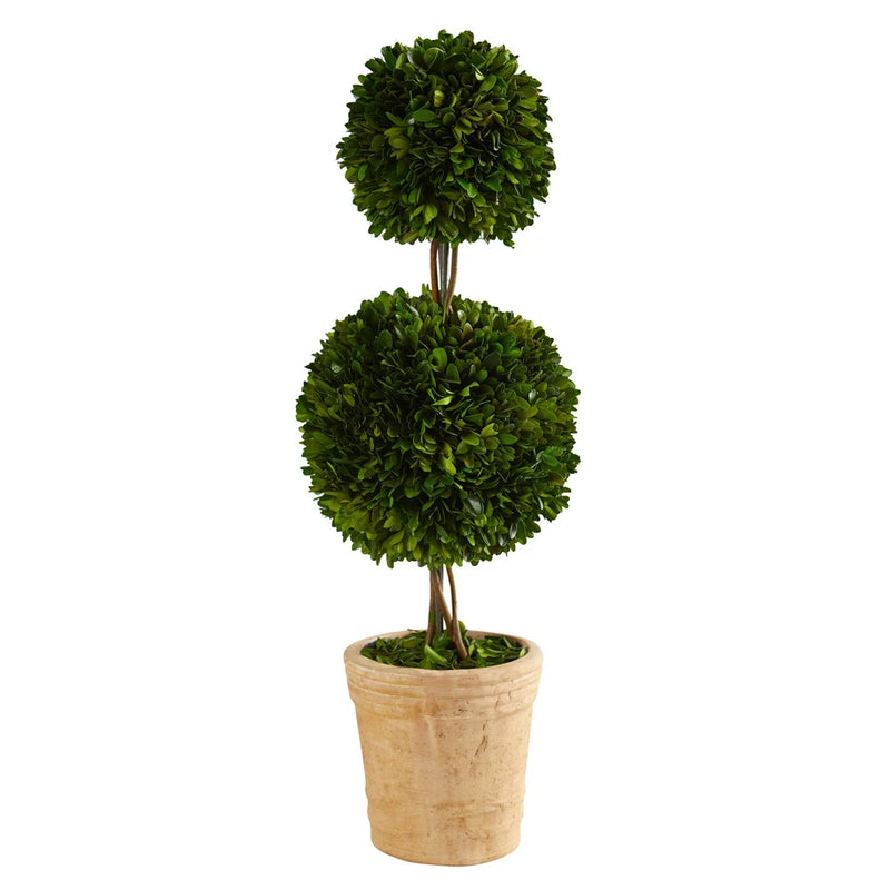 Nearly Natural 2.5ft. Preserved Boxwood Double Ball Topiary Tree in Decorative P Green Plant