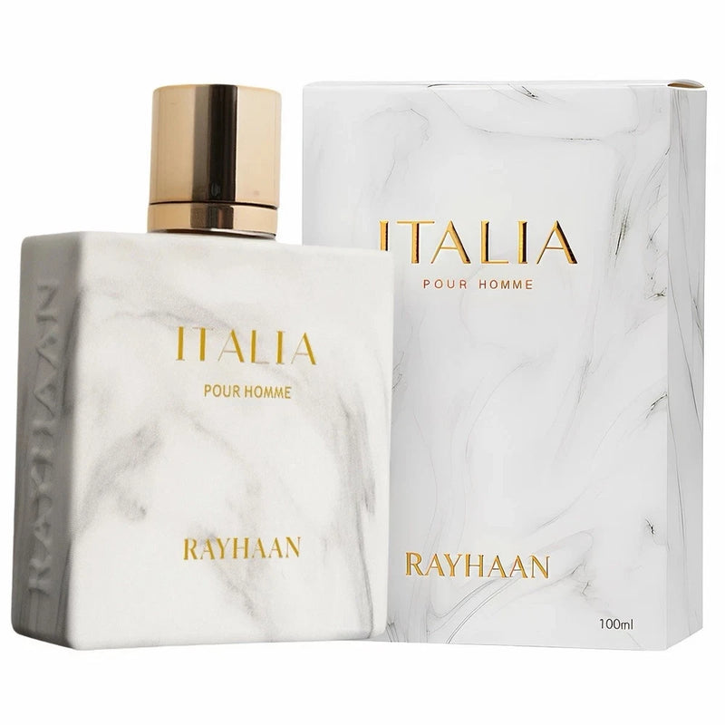 Rayhaan Italia Pour Homme 100ml EDP spray bottle with matching gift box, white marble design