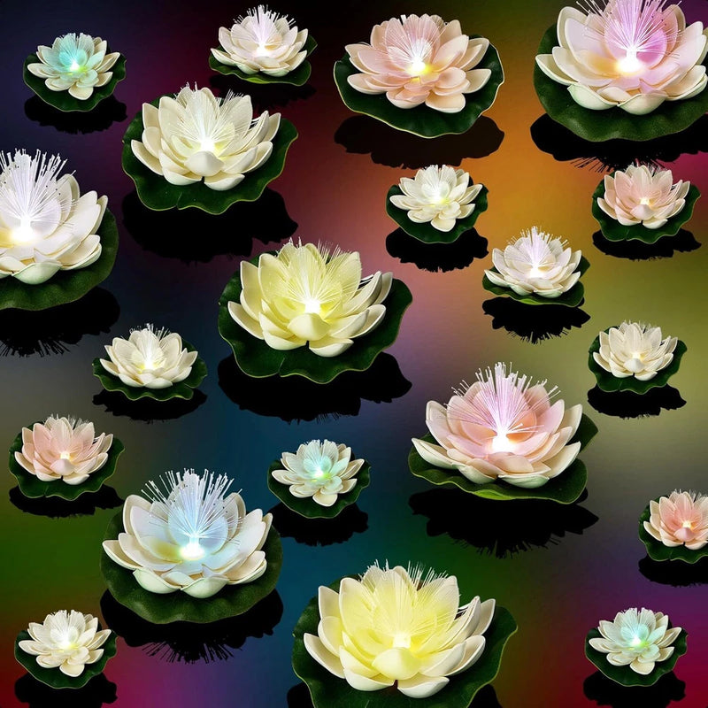 Set of floating artificial foam lotus flowers with LED light petals and lily pads