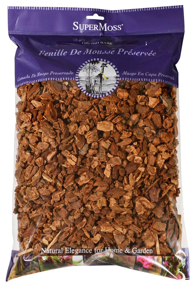 Natural brown orchid potting bark in a sealed bag, chunky bark pieces