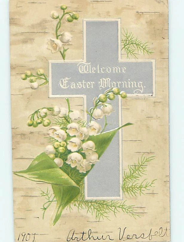 Easter greeting card with white cross, lilies and “Welcome Easter Morning” text
