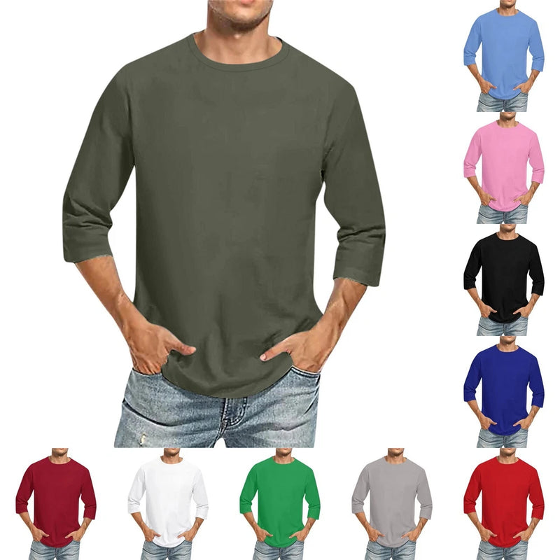 Men's Solid Color Round Neck Three Quarter Sleeve Top T-shirt Roses