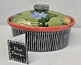 DROLL DESIGNS Covered Oval Casserole Ceramic Floral Hydrangea Striped 9" Hydrangea