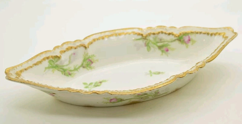 GDA Limoges Nut Dish Relish Fancy Double Gold Pink Carnations 8 1/2" Carnation