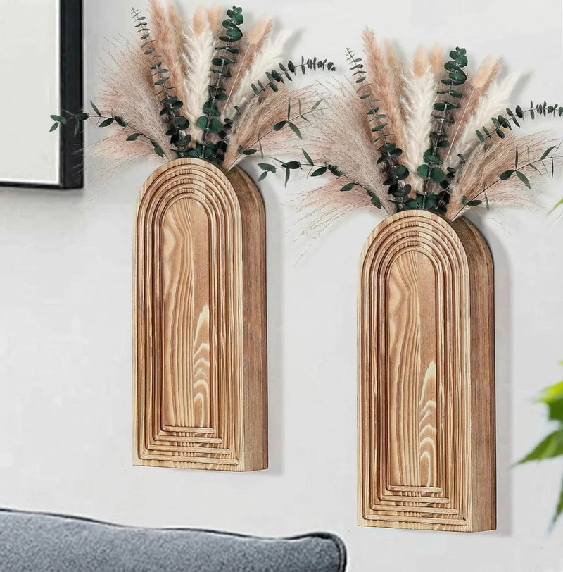 Set of 2 Wooden Wall Vases with Dried Pampas Grass & Eucalyptus, Boho Farmhou... Pampas Grass