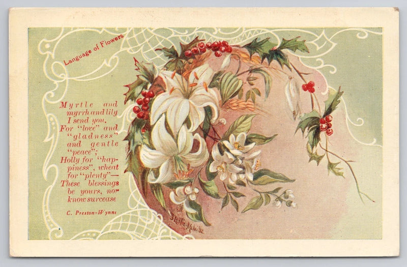 Floral poem postcard with white lilies, red berries, and green leaves illustration
