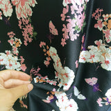 1yard X 1.5meter Black Floral Charmeuse Fabric Dress Kimono Material Crepe Satin Flowering Plants
