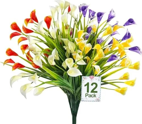 Artificial calla lily flower bouquet, multicolor blooms with green stems and 12 pack tag
