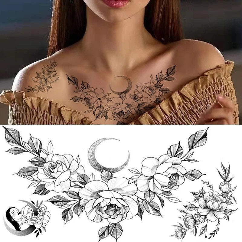 Floral temporary tattoo with crescent moon and peony rose blooms on skin, black outline