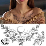 Black Peony Flower Crescent Moon Temporary Tattoos Camellia Rose Floral Leg Arm Peony