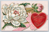 Valentine Embossed Postcard c1910-White Peony Flower-Paeonia symbol of happiness Peony