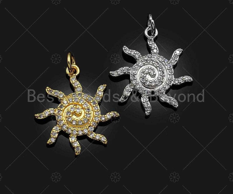 CZ micro pave sunflower pendant charms, one gold-tone and one silver-tone