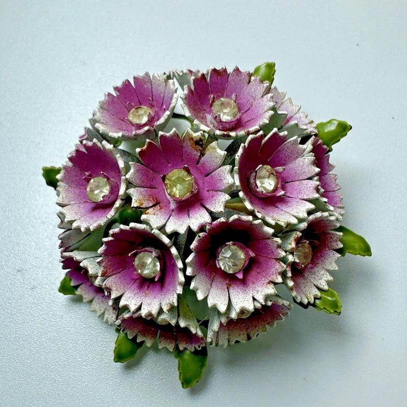 Corocraft Brooch Flower Pink Enamel Rhinestone Hydrangea Petals Pin Vintage Hydrangea