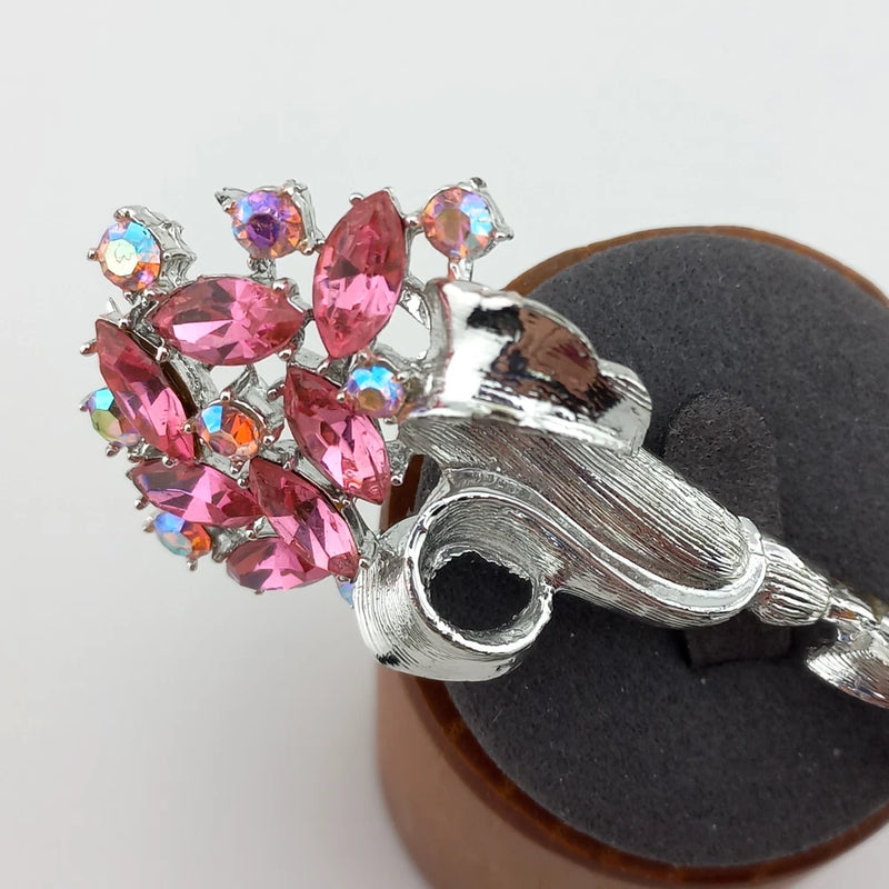 Vintage Carnation Brooch Silver Tone Pink Rhinestones Carnation