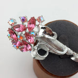 Vintage Carnation Brooch Silver Tone Pink Rhinestones Carnation