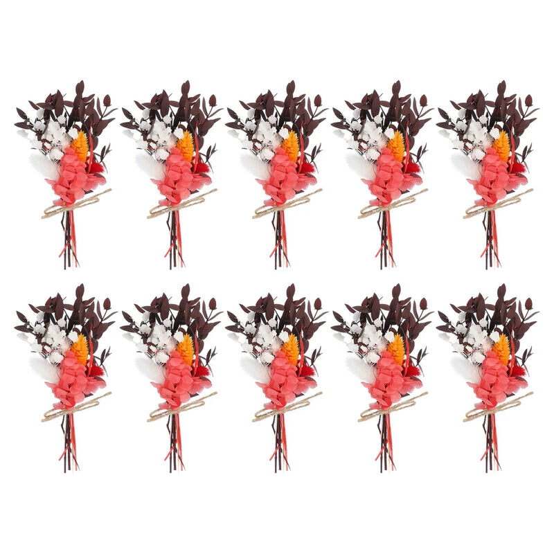 Set of 10 mini dried pampas grass bouquets, burgundy tips with orange and pink blooms