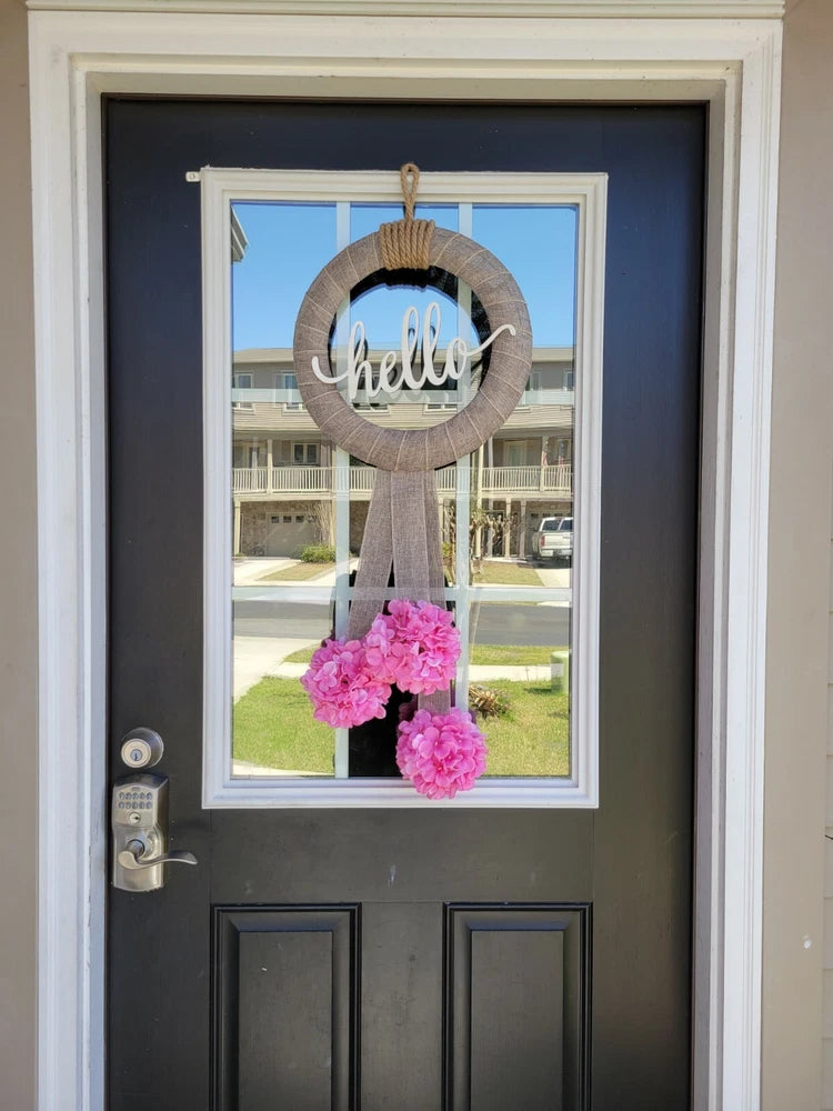 HELLO wreath FLOWER Pink Hydrangeas burlap Decor Front Door Nautical Rope hook Hydrangea