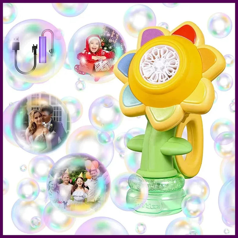 Yellow sunflower-shaped automatic bubble machine toy with light, green base and bubble fan
