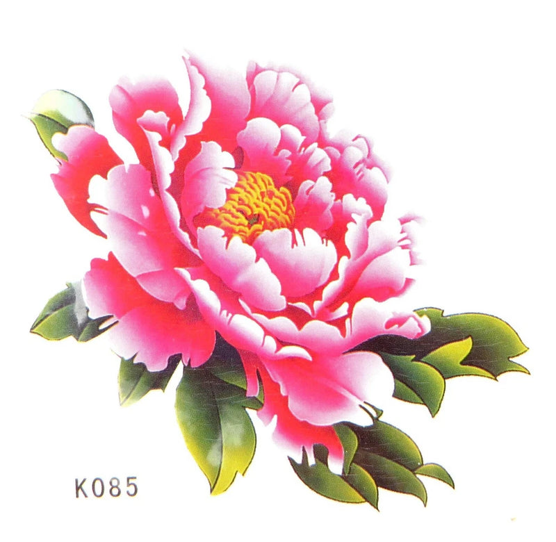 Pink peony flower temporary tattoo with green leaves, labeled K085