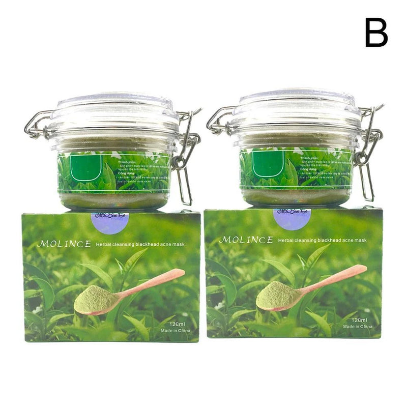 Green tea blackhead mask powder jar set in clear clip-top containers with green labels