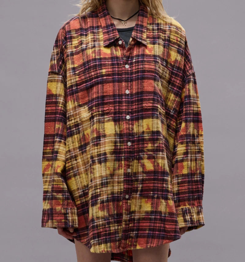 NWT~R13 Bleached Orange Oversize Workshirt with Overdayed Pink Plaid Size XS Roses