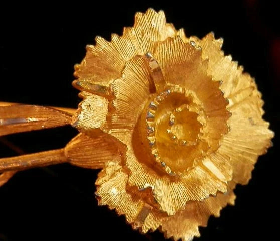 Gold-tone vintage carnation flower brooch with textured round petal design