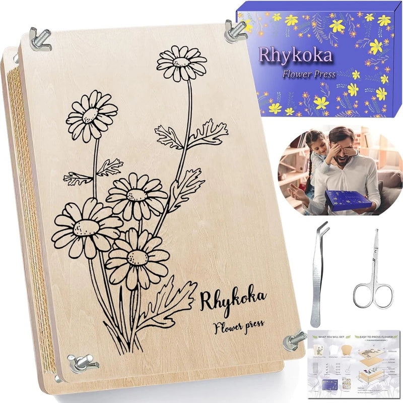 Large flower press kit with wooden press, metal clamps, and daisy-style cover art