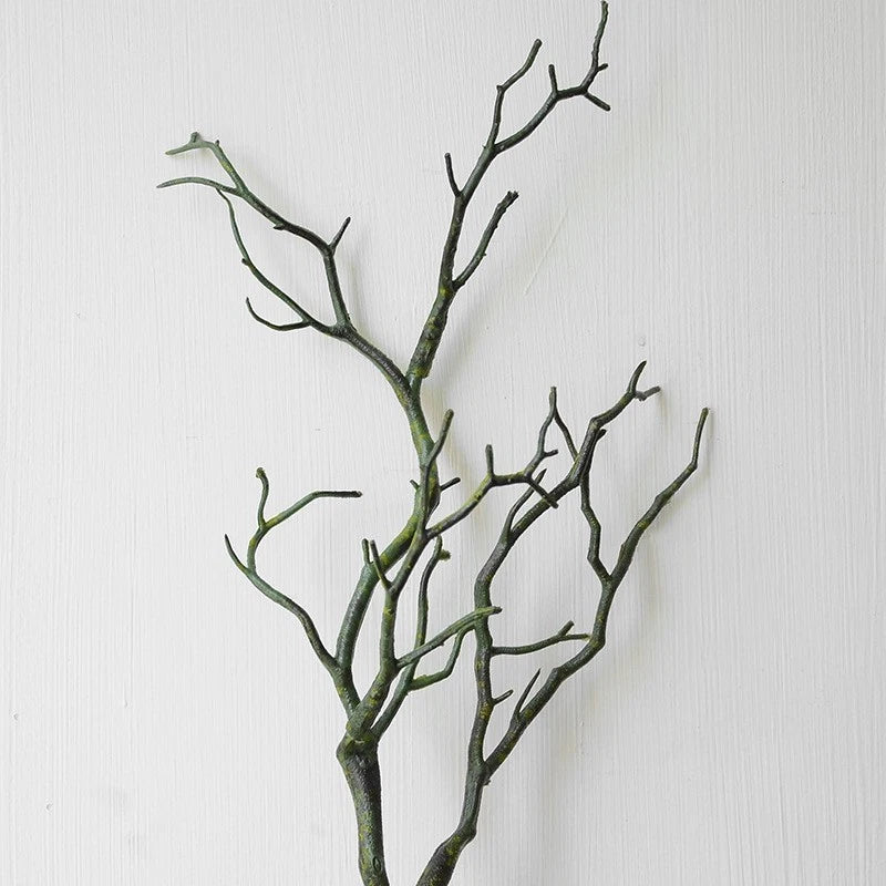 Artificial faux plant branch ornament, green twig with small buds and curved limbs