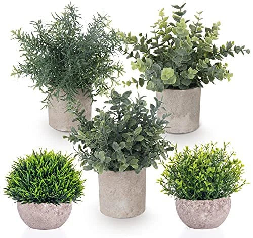 Set of 5 Mini Potted Artificial Plants Fake Small Eucalyptus Greenery Plastic... Green Plant