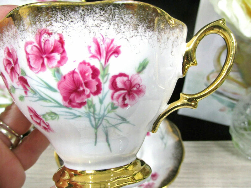 ROYAL ALBERT tea cup and saucer pink carnations gold gilt teacup England Carnation