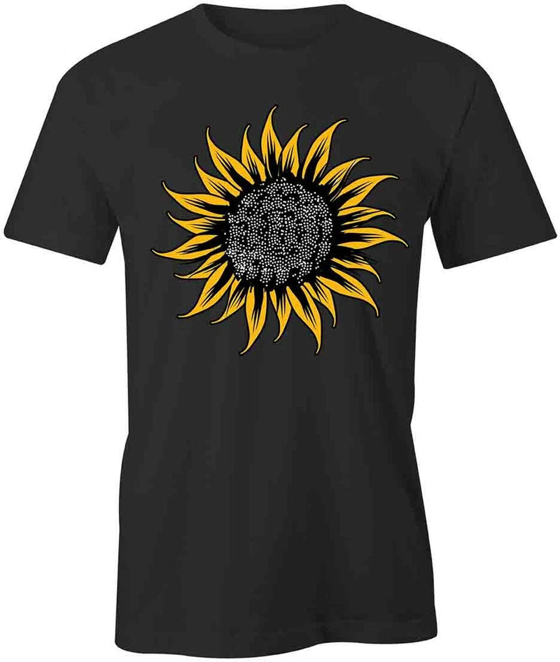 Black cotton crew-neck T-shirt with large yellow sunflower front graphic