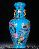 21" Qianlong Marked Blue Glaze Color Porcelain Peacock Peony Flower Bottle Vase Peony
