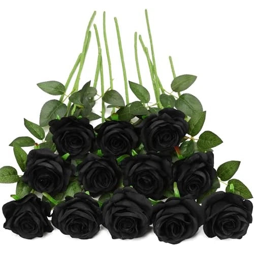 Artificial black rose bouquet with green leaves and stems, 10-piece set