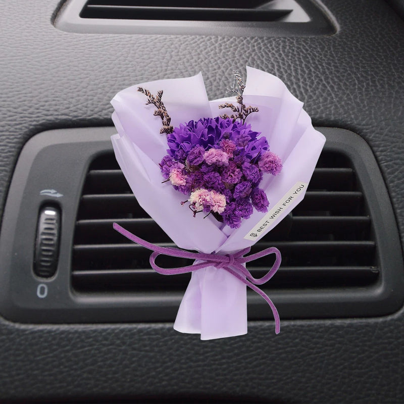 Car vent clip dried flower scent diffuser, purple bouquet with ribbon