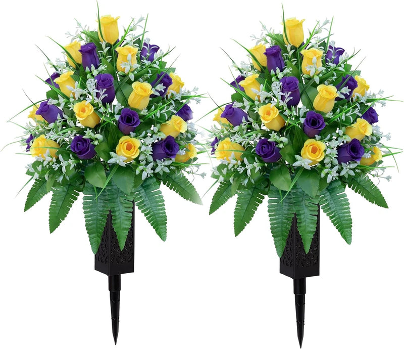 Artificial cemetery memorial bouquet set with purple and yellow flowers, green leaves, black stakes