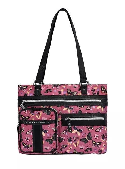 Butterfly-print tote bag in pink with black trim, shoulder straps, and front zip pockets