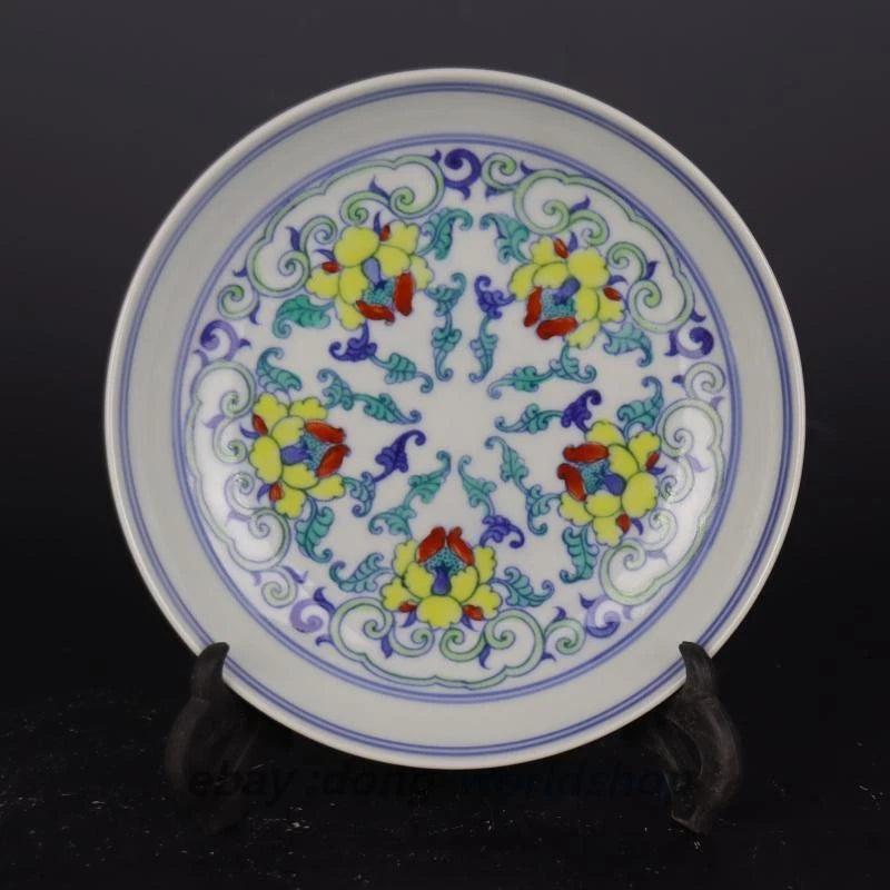 6.6" China Blue and White Doucai Contrasting Colors Porcelain Peony Flower Plate Peony