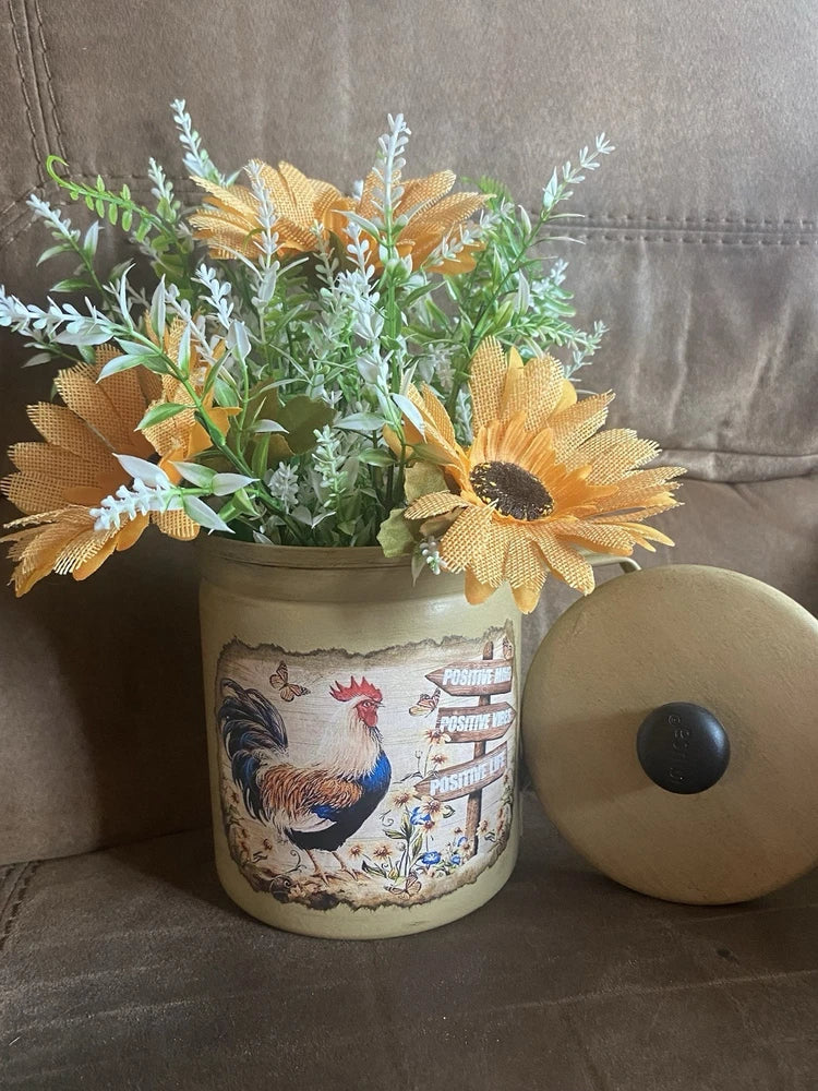 Upcycled  Artificial Sunflower Floral Arrangement Yellow in Rooster Design Can Sunflower