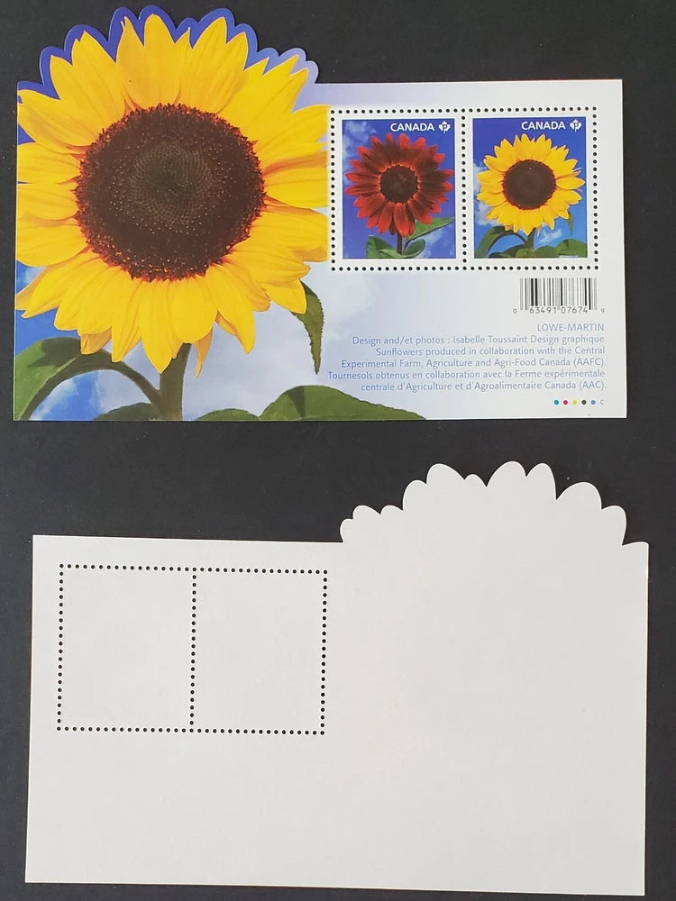 Sunflower souvenir stamp sheet with two P-stamps and Canada labels, perforated details