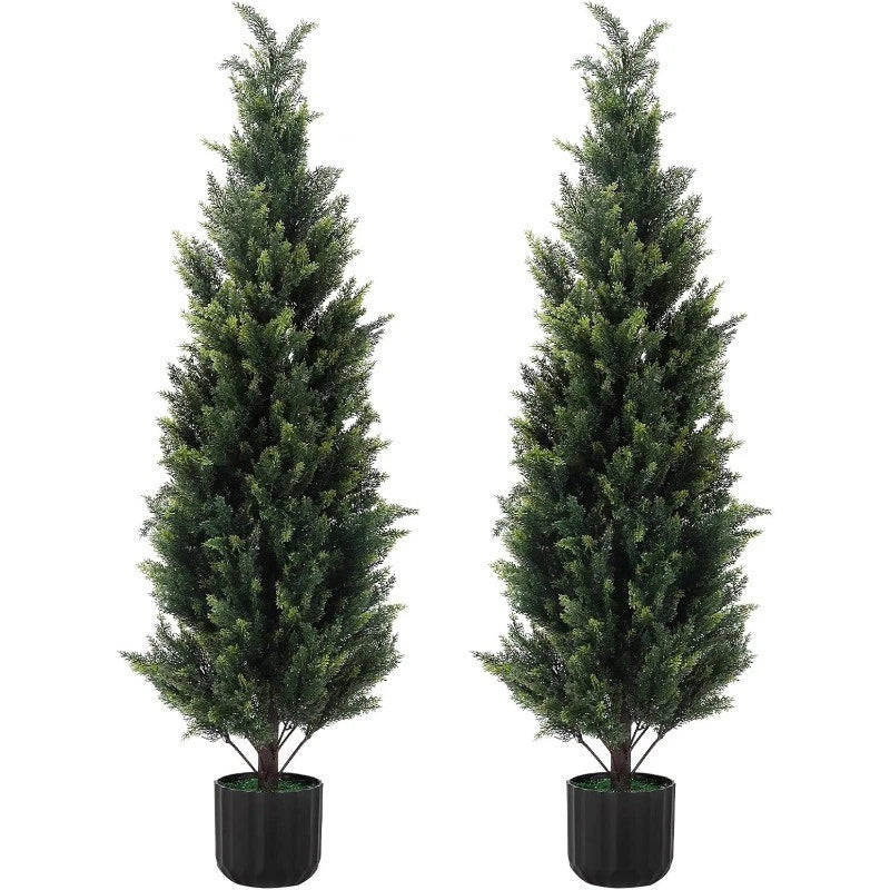 2PCS 2.3/3/4FT Artificial Cedar Topiary Trees, Fake UV Resistant Potted Plants Green Plant