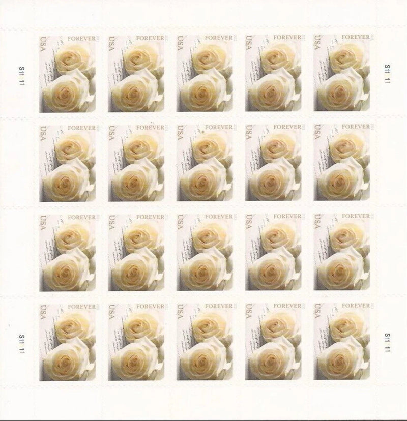 Wedding rose postage stamp sheet, 78¢ Forever stamps with multiple rose designs