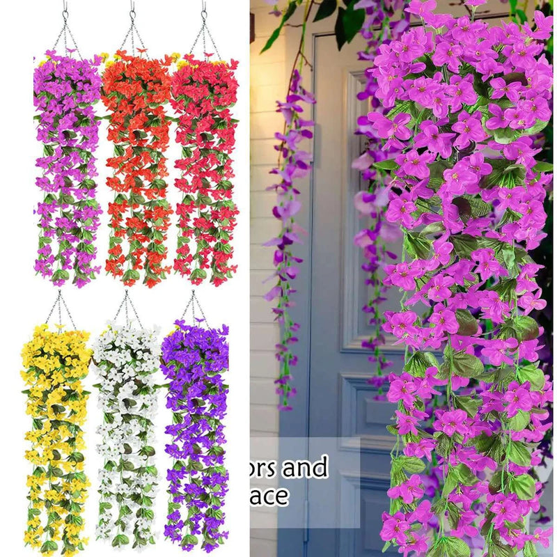 Artificial violet flower hanging garland with clustered blossoms, multi-strand decor