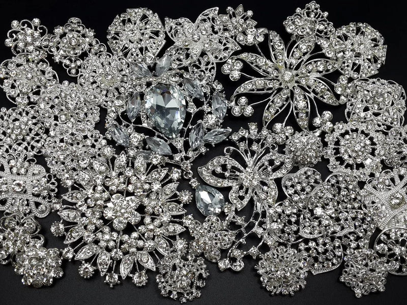 Lot 30pc Mixed Sliver Rhinestone Crystal Brooches Pin DIY Wedding Bridal Bouquet Bouquet